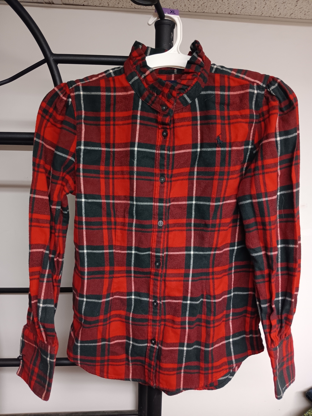 Ralph Lauren Girl's Ruffled Collar Plaid Cotton Flannel Shirt Size 14